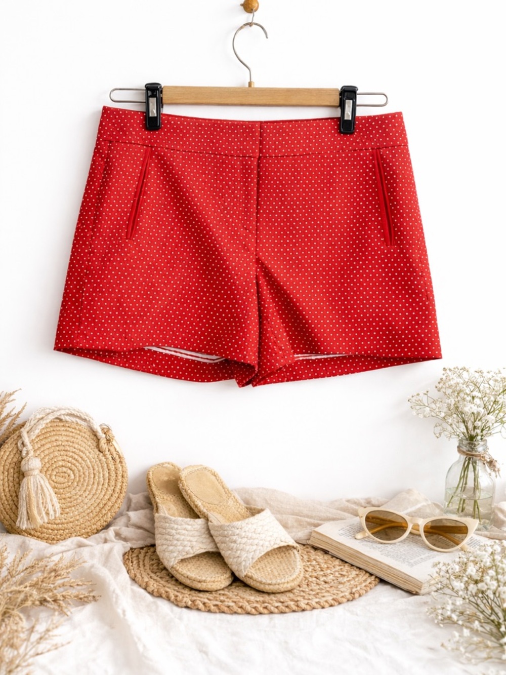 Cynthia Rowley Womens Red Polka Dot Seersucker Shorts Size‎ 10 Grosgrain Trim